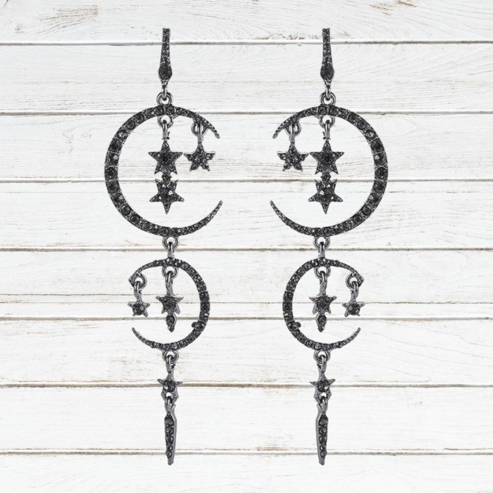 Moon Earrings Dangle Drop Dangling Long Black Sparkly Stars Halloween Jewelry